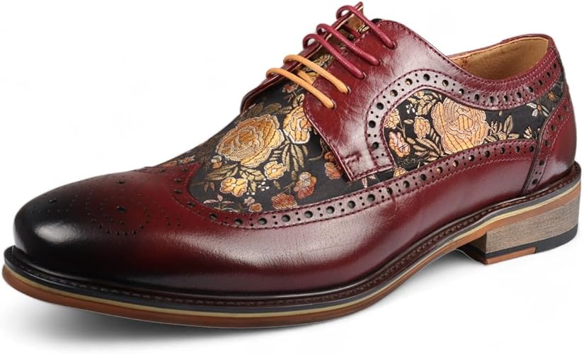 Men's Leather Floral Print Brogue Dress Shoes