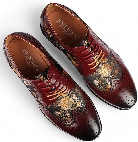 Men's Leather Floral Print Brogue Dress Shoes